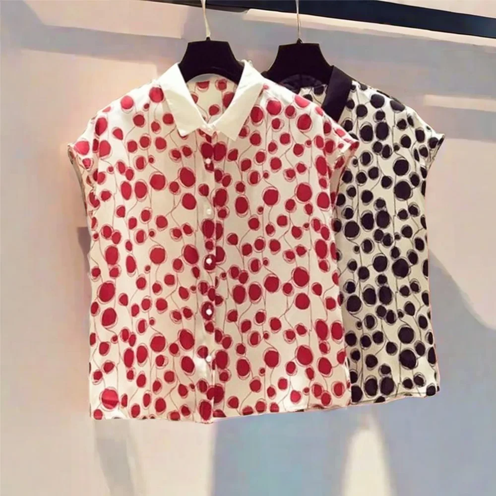 

Винтажная однобортная женская блузка без рукавов с принтом в горошек и воротником-поло, рубашка, женские топы, женская одежда, мода 2024