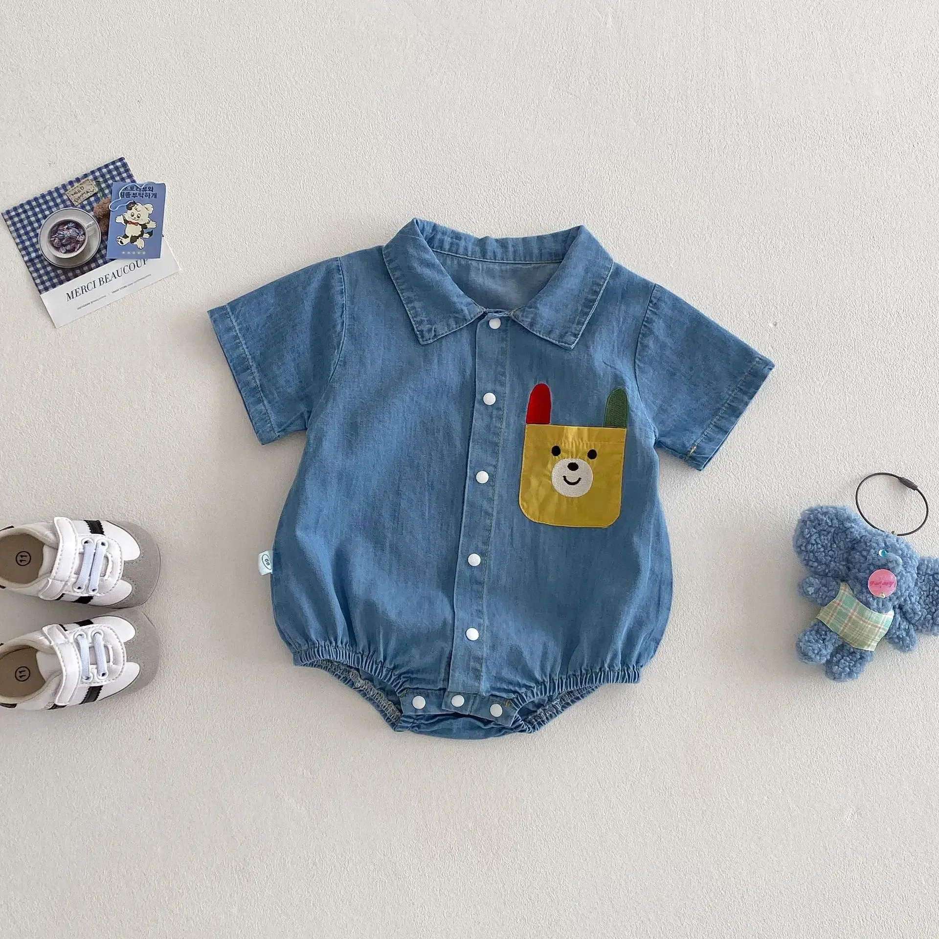 Baby Boys' Denim Overalls, 2025 Summer - Korean Inspired, Cartoon Pocket Design with Ruffle Trim Infant Essentials