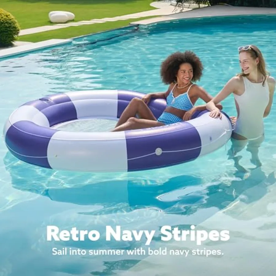 Inflatable Pool Lounger Float for tanning and lounging on lake or beach nylon mesh material navy blue stripe color extra-large