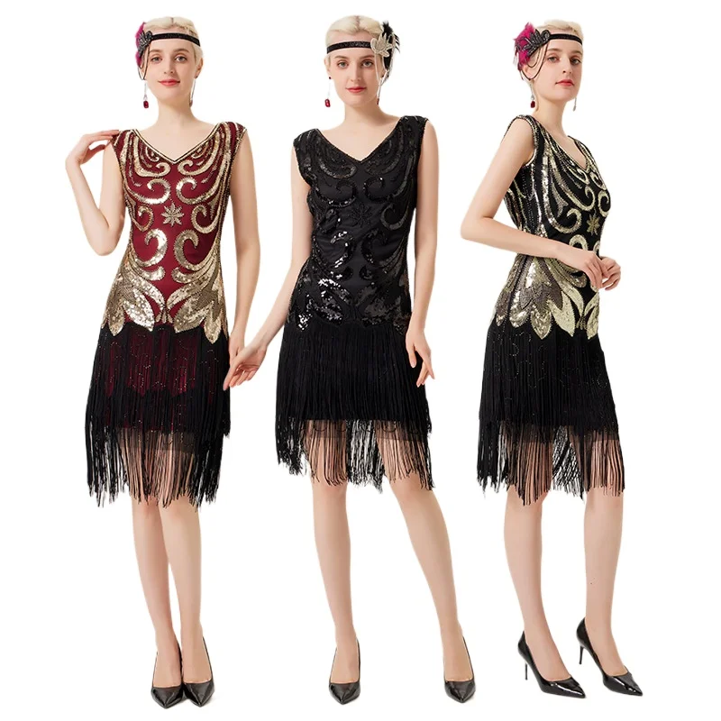 New Vintage Sequined Dress V-neck Fringed Hem Dress, Girls Banquet Skirt