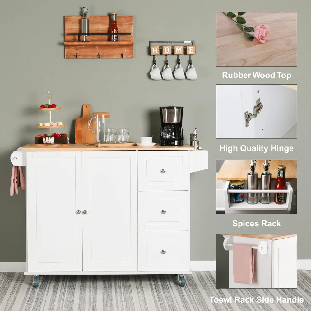 Kitchen Island on Wheels, Portable Rolling Kitchen Cart Storage Cabinet with Drop Leaf,Spice Rack,Kitchen Islands & Trolleys