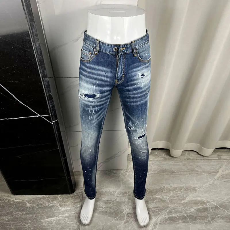 

Designer street fashion men's jeans, high-quality stretch slim fit painted ripple blue jeans, retro hip-hop brand pants