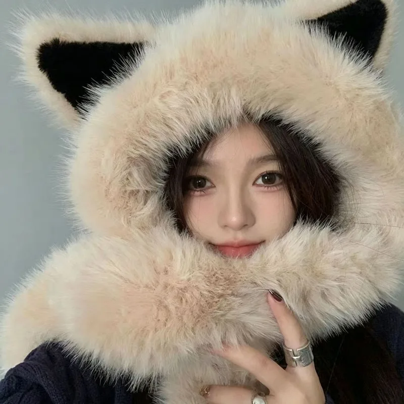 Thickened Fox Ear Hat and Scarf Integrated Winter Cold-proof Warm Ushanka Neck-protecting Fox Fur Windproof Hat