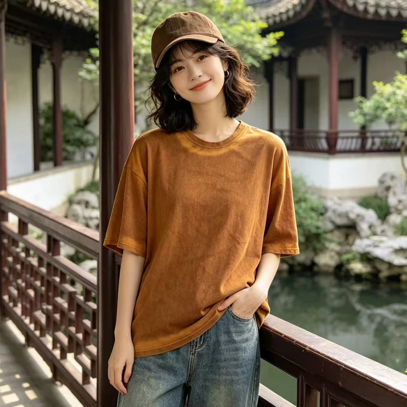 Masss Wasss 2026 British Design Vintage Tee Shirts Womens Fashion Classic O Neck Tops Ladies Summer Causal Loose Elegant Clothes