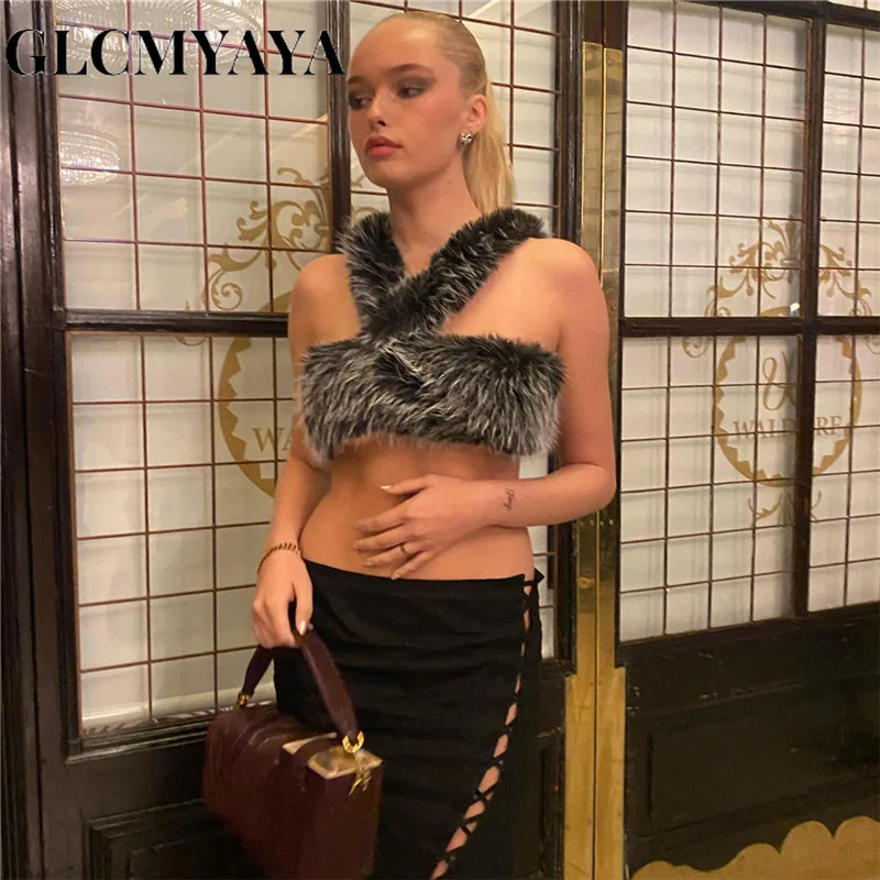 GLCMYAYA Women Intersect Shoulder Girdle Faux Collar Spliced Crop Tops 2023 Streetwear Fashion Sleeveless Sexy Party Tank Tops