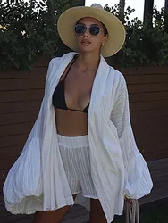 Oymimi Fashion White Cotton Women's Two Pieces Set Elegant Puff Sleeve Loose Lace-Up Shirts And High Waisted Shorts Female Sets