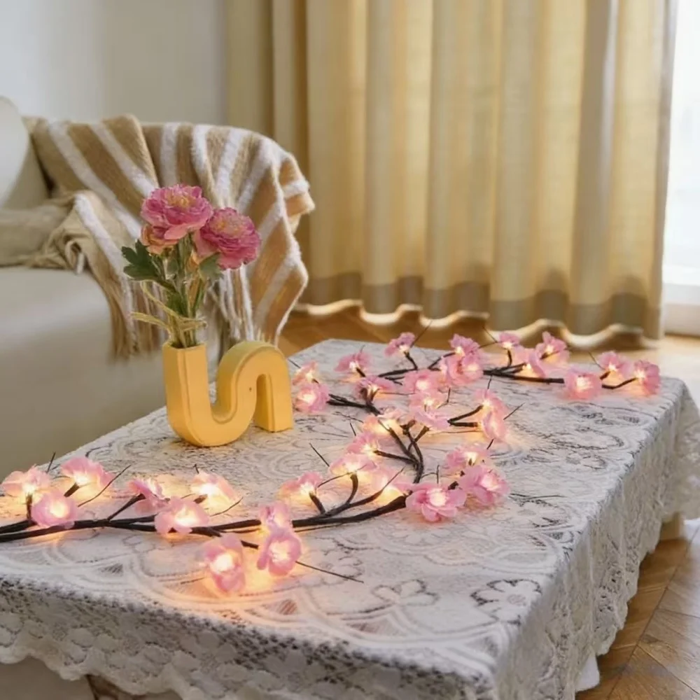 36LED Pink Cherry Blossom Branch Lights USB Powered Artificial String Lamp for Bedroom Party Romantic Wedding Home Decoration