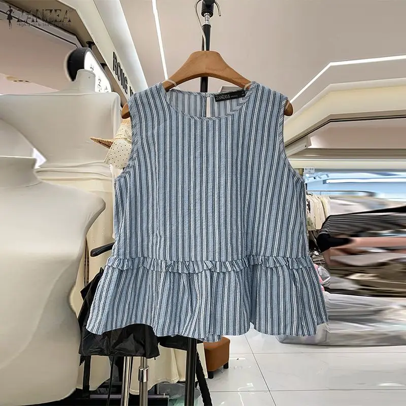 ZANZEA 2026 Sommer Gestreifte Tanktops für Damen O-Ausschnitt mit Rüschenbesatz Lose Ärmellose Tops Lässige Schicke Streetwear Damenkleidung – Detail 9