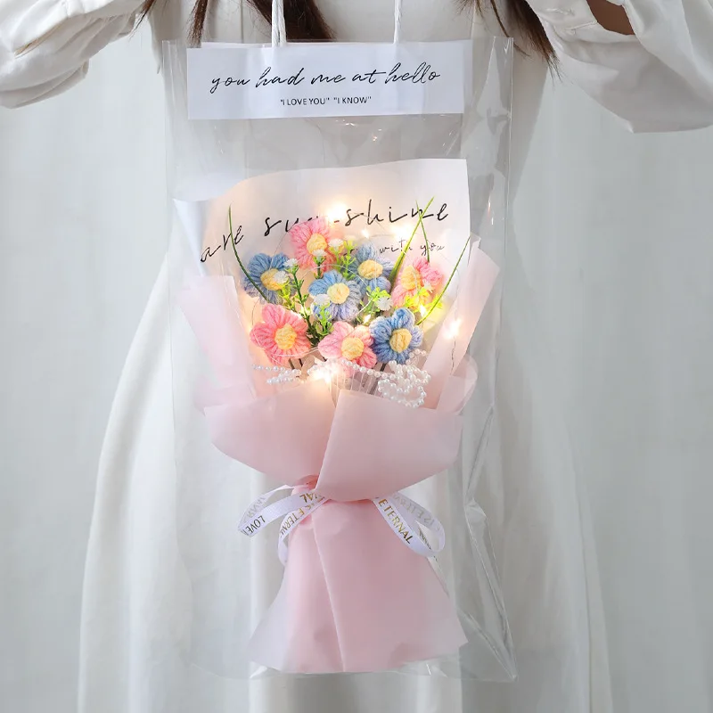 Presente do dia dos namorados de malha puff pequeno buquê de flores artificiais luz led acabado buquê de flores de crochê decorações de casamento