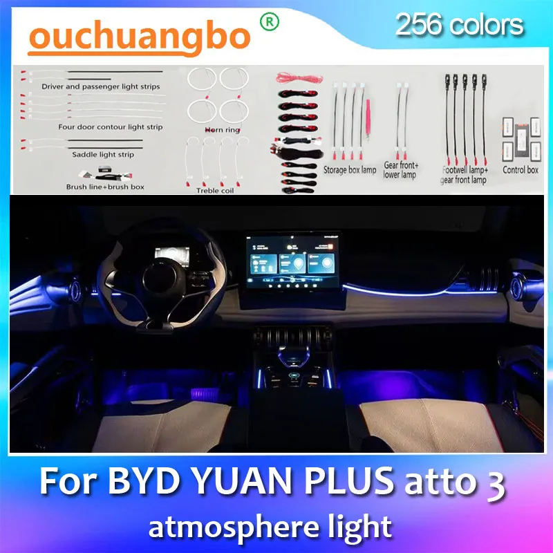 Ouchuangbo Ambient Light For Yuan Plus Atto 3 2022 Interior Background Led Atmosphere Lamp Ambientebeleuchtung Kit 256 Colors