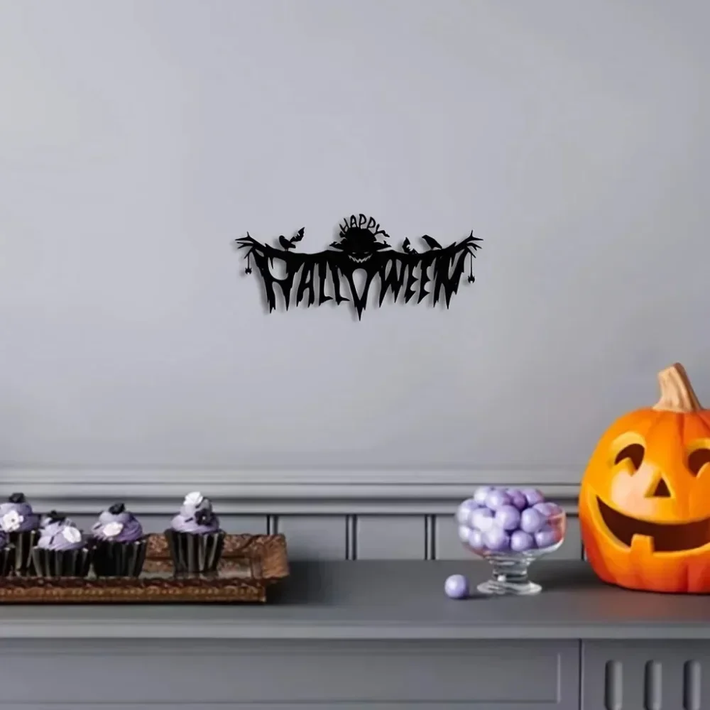 1 pieza de decoración elegante con tema de Halloween: arte de pared genial para la sala de estar interior. Estilo clásico negro con colgante de pared de metal