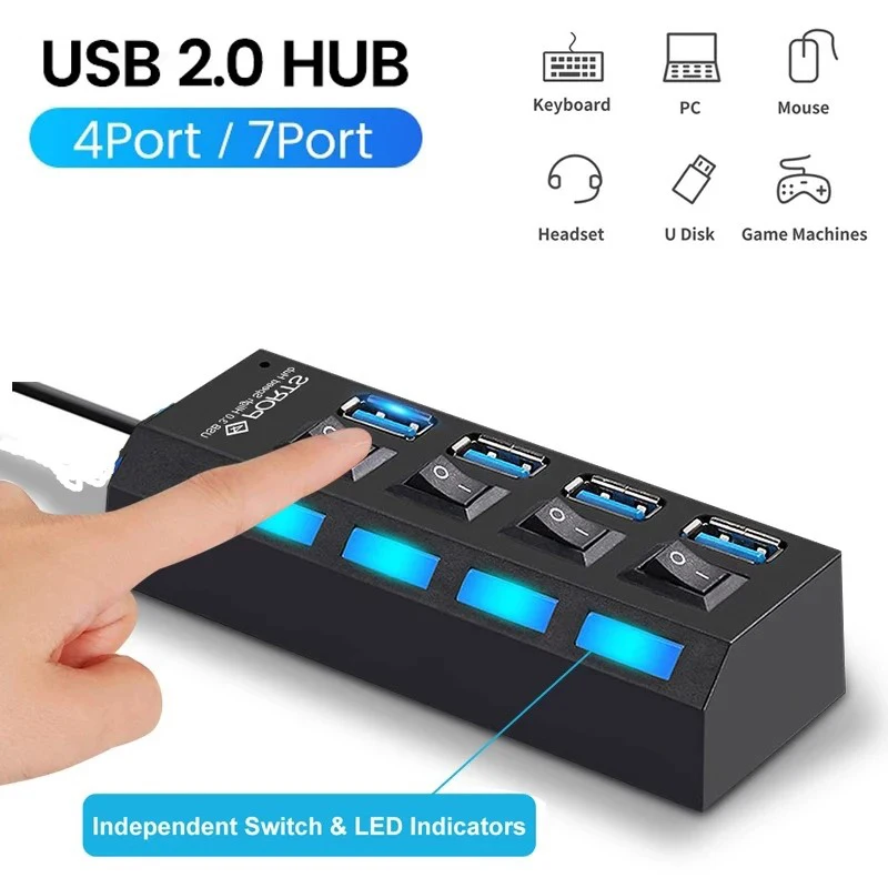 4 Ports USB 2.0 Hub USB Hub Multi USB Splitter Hub Use Power Adapter 4 Port Multiple Expander 2.0 USB Hub with Switch for Laptop