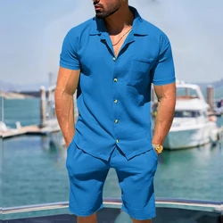 Conjunto de 2 piezas de cárdigan y pantalón corto para hombre, Camiseta deportiva informal de manga corta con botones y solapa, traje de Color sólido para fiesta en la playa, novedad de verano