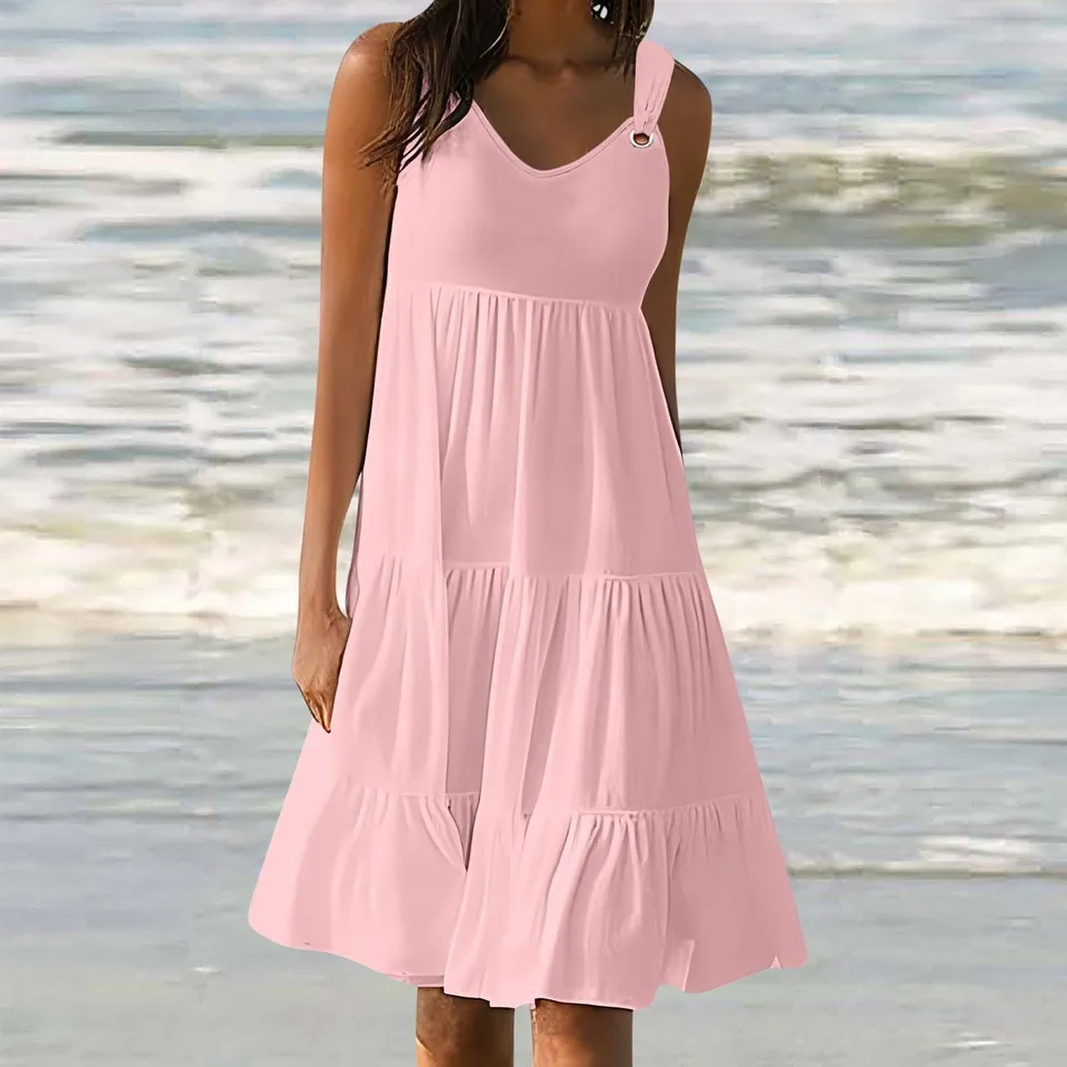 Women Summer Solid Ruffled Vest Midi Dress