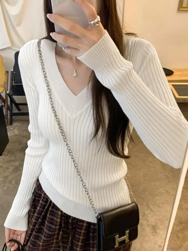 

Корейский модный однотонный тонкий пуловер с длинными рукавами, свитер, женский трикотаж с v-образным вырезом и длинными рукавами, топы, осенне-зимняя простая одежда