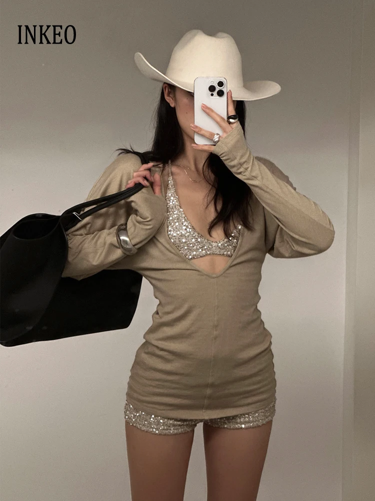 

Комплект из 3 предметов High Street: женский сексуальный топ с V-образным вырезом и длинными рукавами, облегающий топ с пайетками и шорты. Модный комплект INKEO 6T012. Новинка 2026 года.