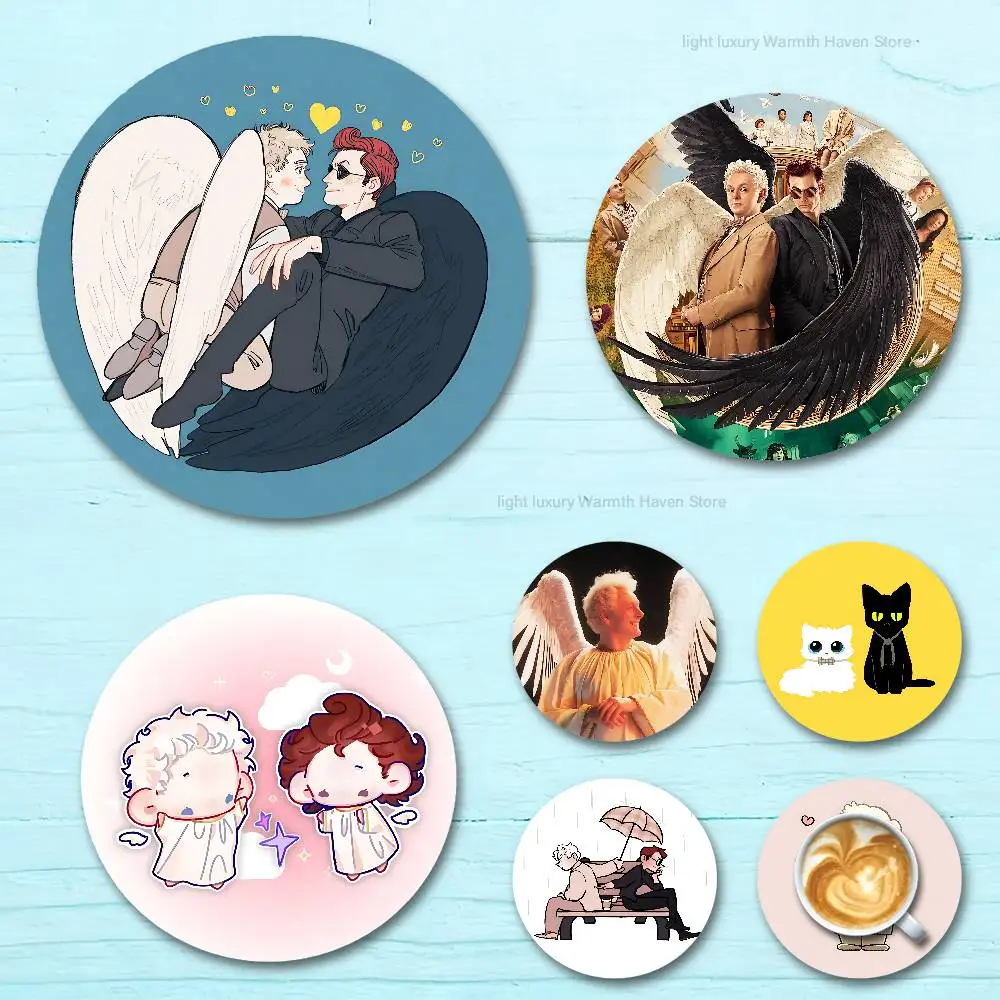 

TV G-Good O-Omens Heat Resistant Round Wooden Coasters Non-slip Drink Cafe Decoration 2D Flat Color Print Coasters