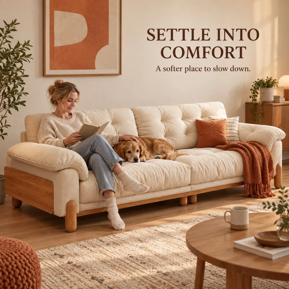 Nordic Wood‑Frame Cloud Sofa, Japanese Straight Row Removable Washable Cat‑Scratch Fabric Sofa for Living Room