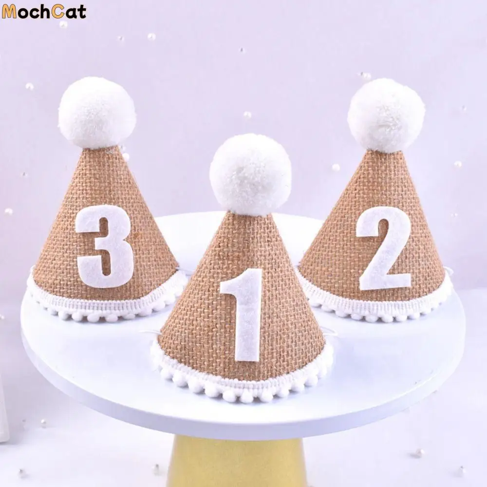 5pcs Creative 1 2 3 Year Burlap Birthday Hat Festival Cute Linen Baby Hat Handmade Cone Hats Birthday Party Supplies