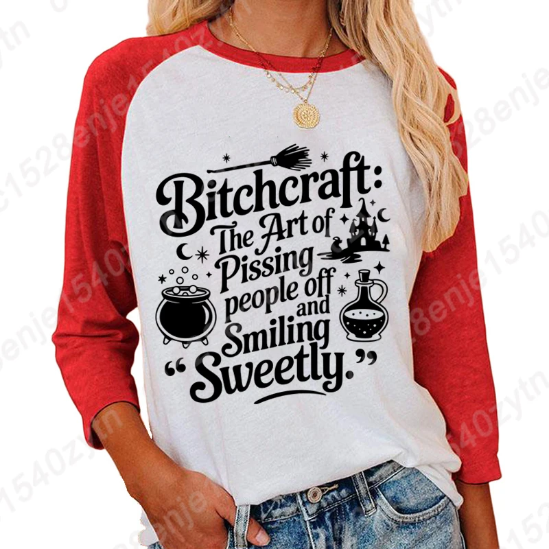 Christmas Bitchcraft The Art Of Pissing People Off Print Three Quarter Sleeves Shirts Women Summer Seven Sleeves Round Neck Tops