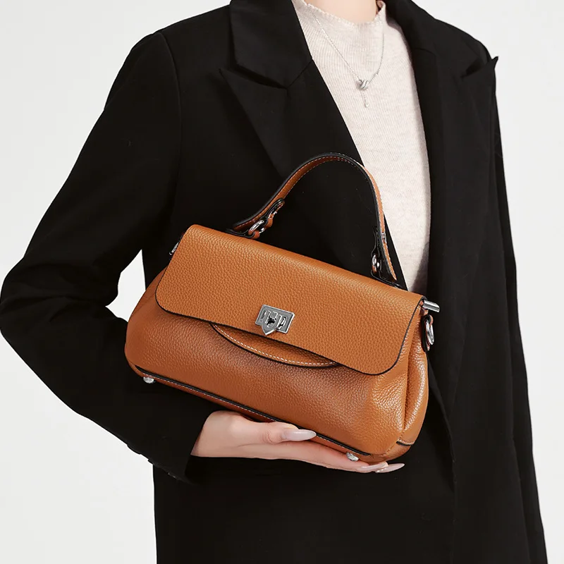 Genuine Cow Leather Flap Handbag Mini Turn Lock Top Handle Purse with Two Detachable Straps Versatile Shoulder Crossbody Bags