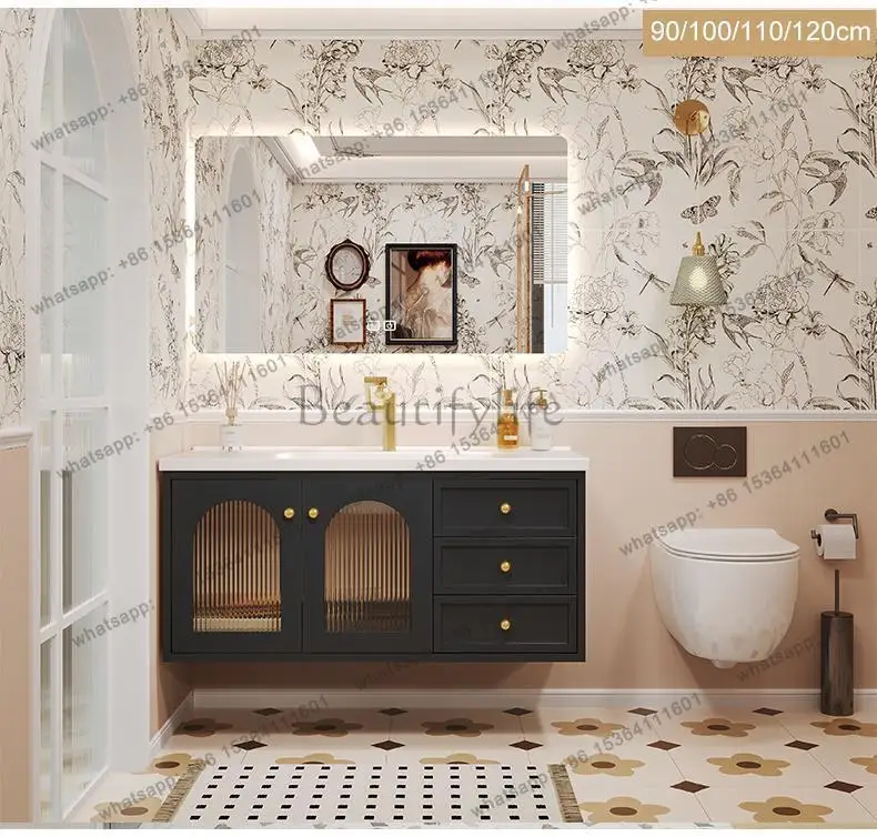 Oak Retro Bathroom Cabinet with Ceramic Integrated Basin Washbasin and Vanity Unit Set