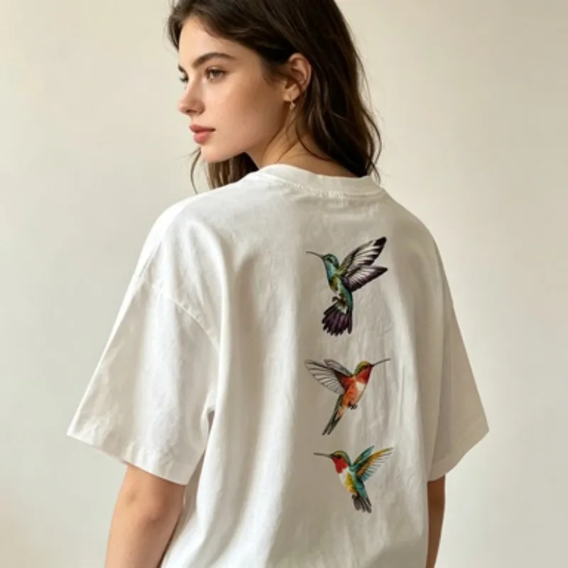 Casual Short Sleeved Round Neck T-shirt with Hand-painted Hummingbird Design on Both The Front and Back Women's Loose Top