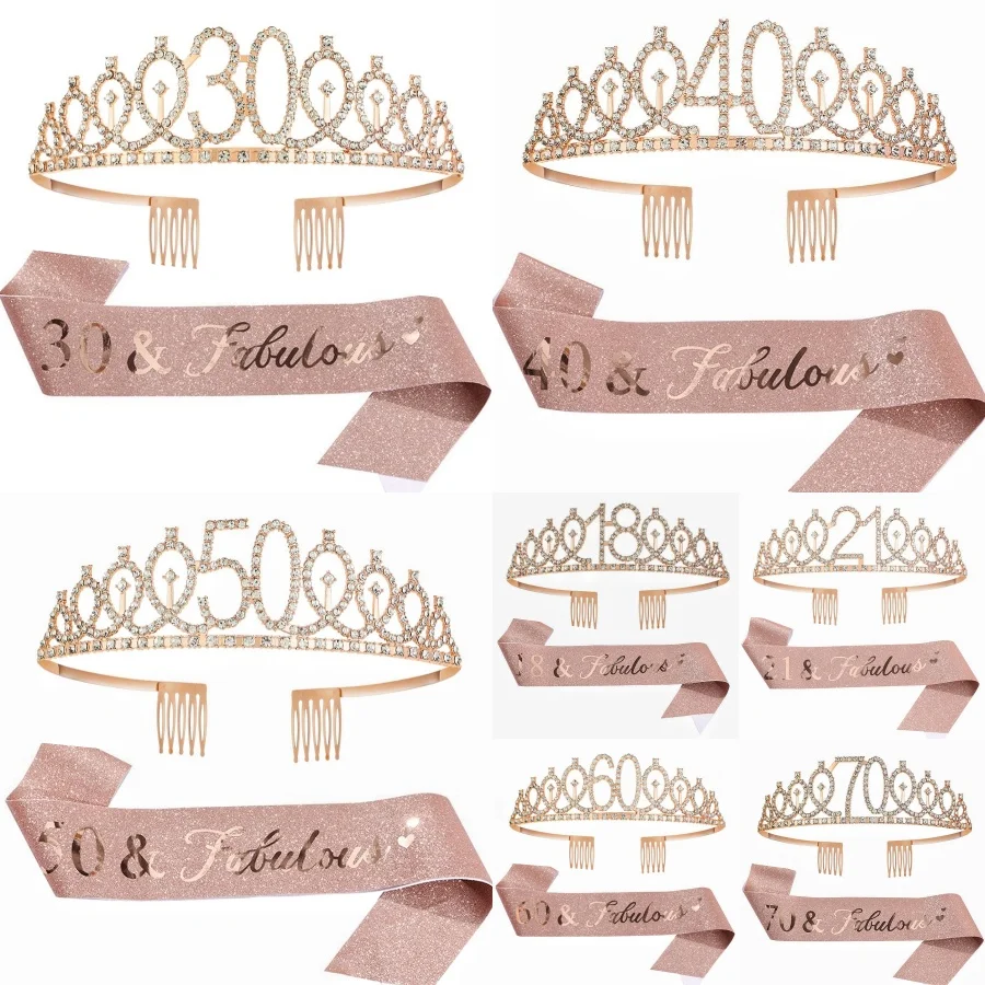 Birthday Tiara Crown Sash Women Girls 18Th 21St 30Th 40Th 50Th 60Th 70Th Birthday Party Decoration Favor Gifts