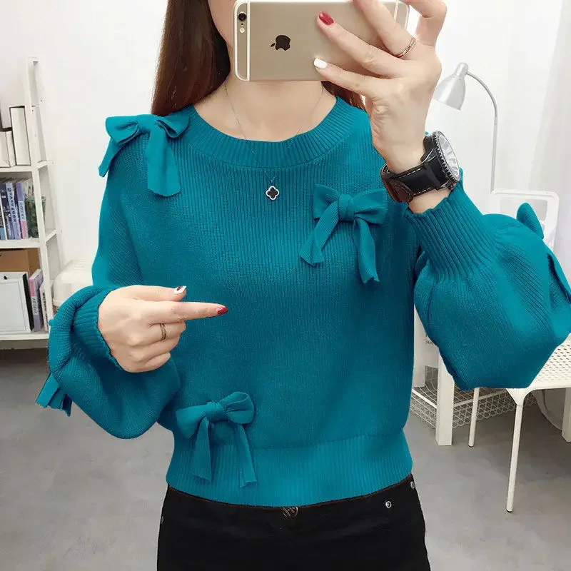 

Autumn Winter Fashion Bow Spliced Solid Color Sweaters Casual Simplicity Long Sleeve Knitted Pullovers Women's Clothing PH115