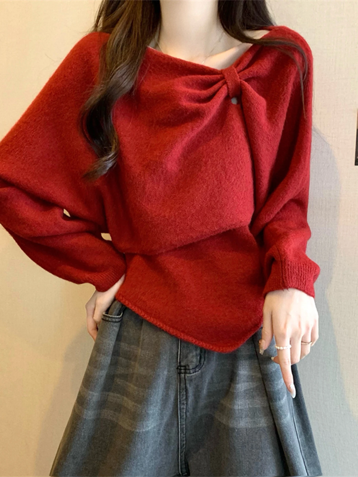 

Angola Red Knitted Base irt Women's Autumn Winter Inner Wear Cisas Sweater Snake Year Zodiac 2025 Top Asymmetrical Desi...