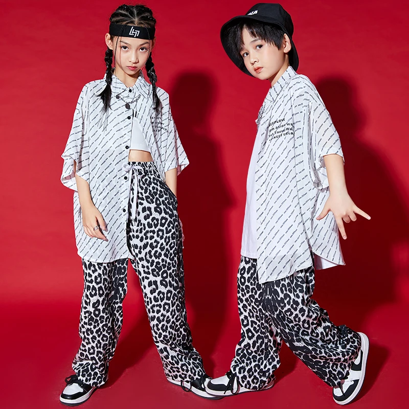 Kids Ballroom Hip Hop Clothing Oversized Shirt Top Streetwear Leopard print Pants For Girl Boy Jazz Dance Costume Wear Outfits