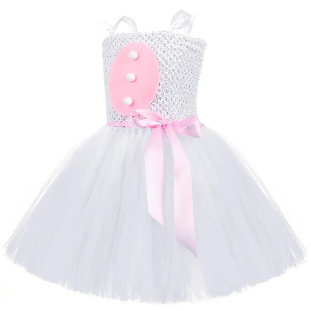 White Pink Bunny Costumes for Baby Girls Birthday Halloween Dresses for Kids Easter Holiday Outfit with Rabbit Ears Handbasket