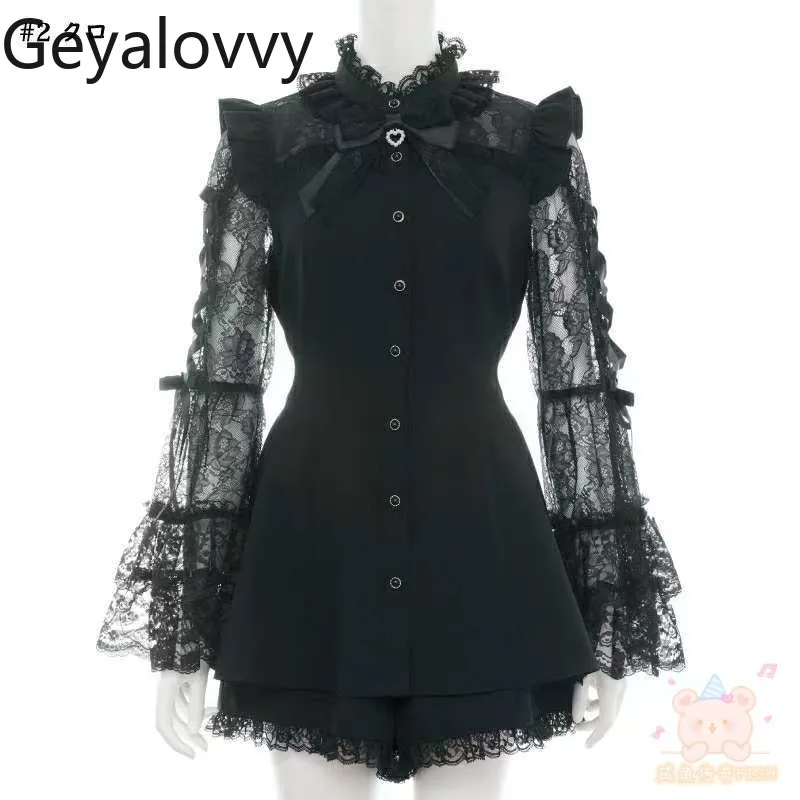 خريف جديد SC مجموعة الفتيات الحلو متوهج كم طويل القوس الجوف لوليتا الإنتاج الضخم فستان سليم والسراويل السوداء قطعتين مجموعة #6