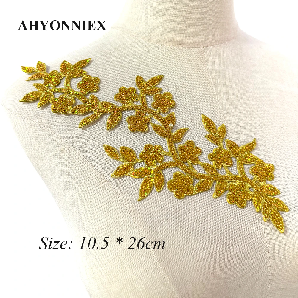 10.5 X 26CM Golden Sequins Flower Shape Patch Cute Iron On Patch for Costume Clothing Jeans Jackets Boots Decoration
