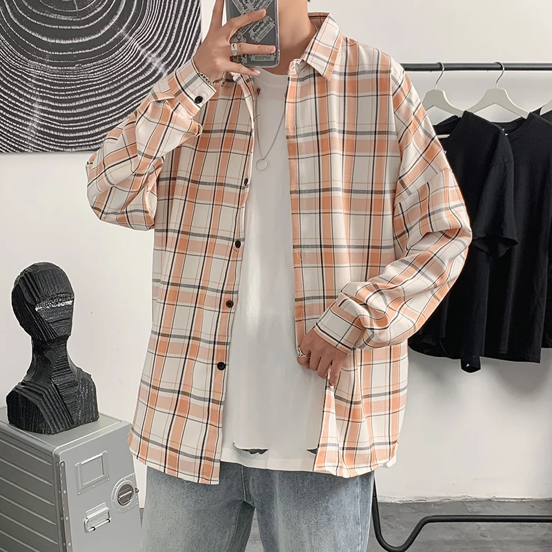 

2022 Spring Autumn Male Casual Plaid Shirt Men Long Sleeve Shirt Casual Social Slim Blouse Male Cotton Mens Dress Tops L04