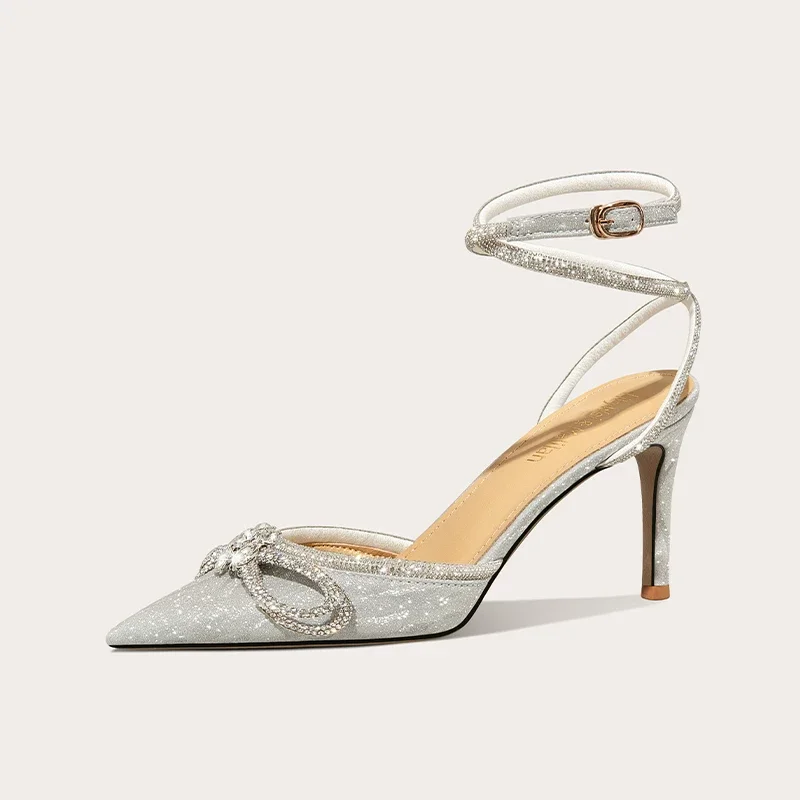 Summer pointed rhinestone bow silk glitter wedding shoes banquet large size small size widened high heels women's sandals