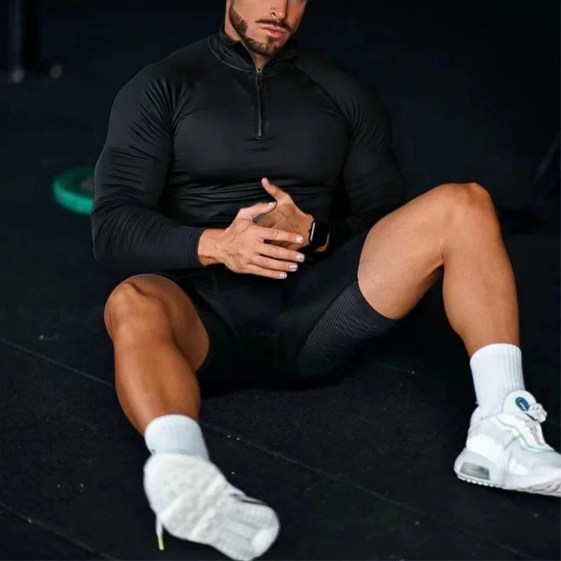 Fitness Compression Sport T-shirt Gym Running Exercise Elastic Long Sleeves Sweatshirt half zip High neck Tops men Tight T-shirt image 4