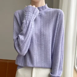 Autumn and winter new 100% pure wool women's semi-high-necked wood ear hollow long-sleeved knitted loose bottoming shirt sweater