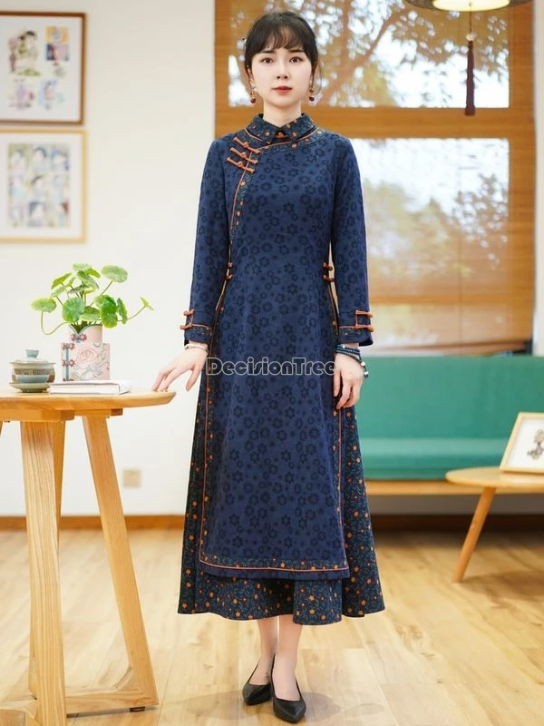 2024 chinese style improved daily qipao set autumn stand collar long sleeved vietnam aodai set retro temperament graceful dress