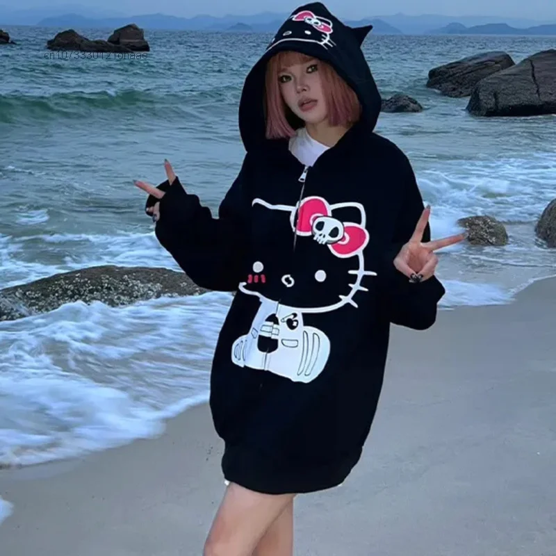 Sanrio Gothic Hello Kitty Women Hoodies American Halloween Skull Printed Hot Sweet Girls Cardigan Loose Design Sense Sweatshirt