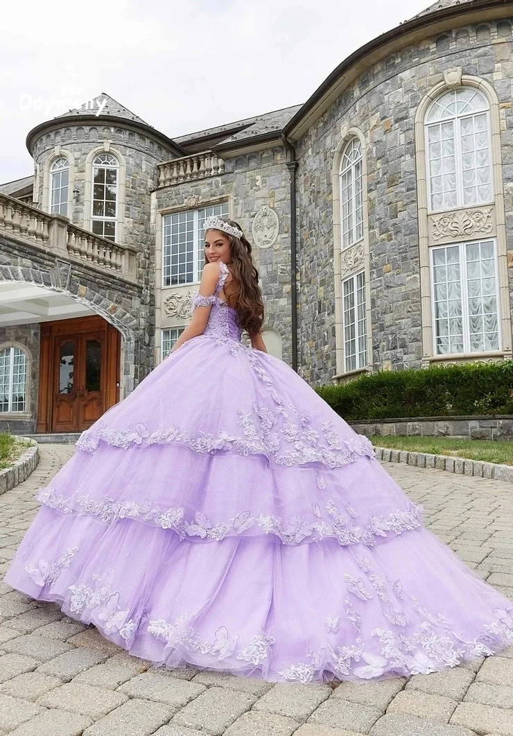 Doymeny-Robe de Quinceanera papillon, bretelles avec appliques, plusieurs niveaux, balayage, tulle, Sweet 15, robe de soirée, robes de soirée, 123