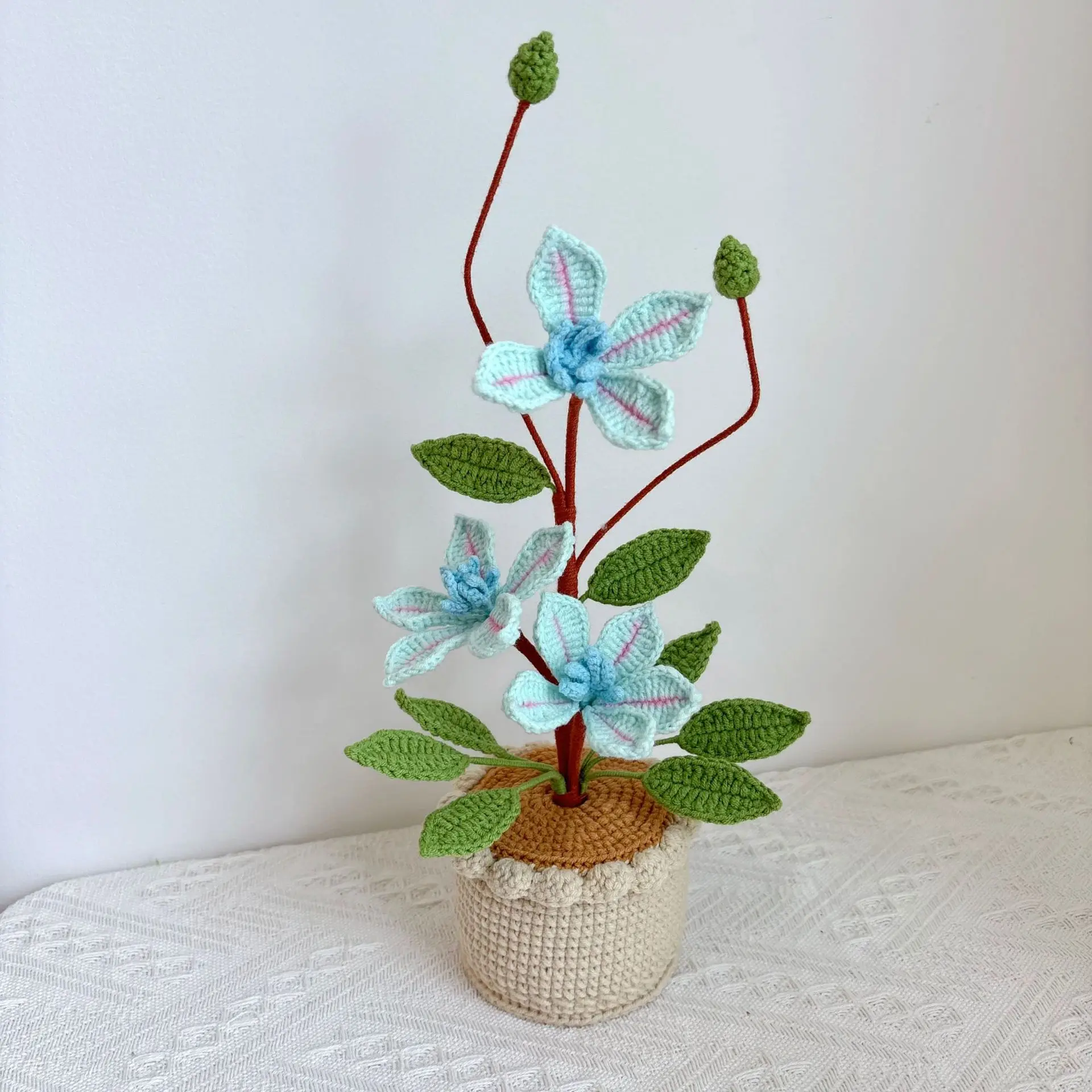 Fertig handgewebter Blumentopf, kreativer künstlicher Pflanzentopf, hübscher gestrickter Blumentopf, Dekoration für Schreibtisch und Bücherregal, Geschenk für Freunde – Detail 5