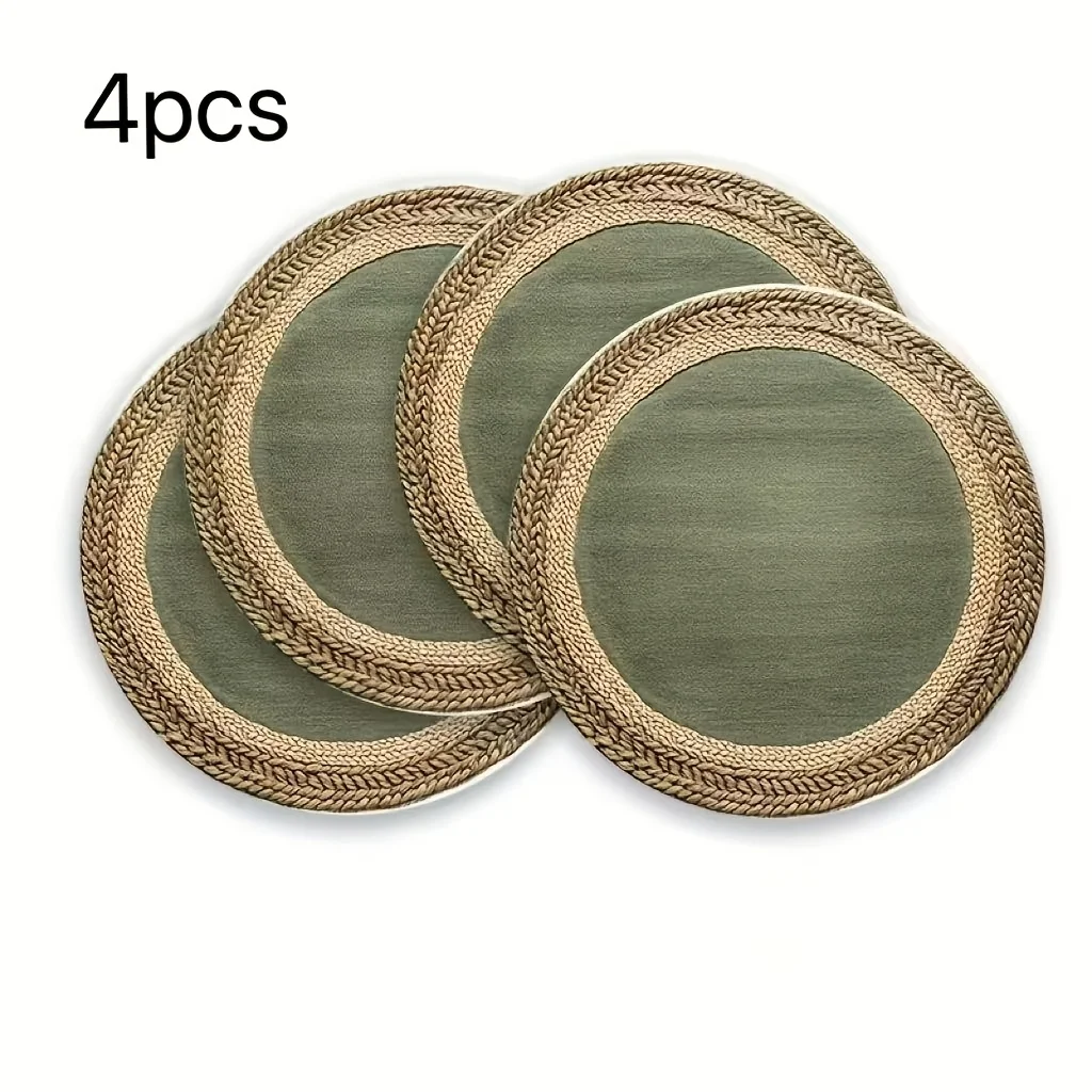 Juego de 4 Manteles Individuales Redondos de Estilo Rústico, Aptos para Mesa de Comedor, Color Beige Claro y Verde, Lavables a Mano, Elegantes, 35 cm