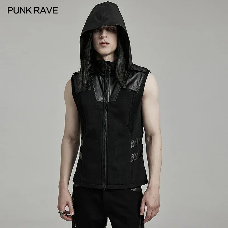 

PUNK RAVE Men's Punk Sweatshirt Tech Wear Personality Vest Handsome Casual Tops Decorated with Leather Loops on Both Waist Sides