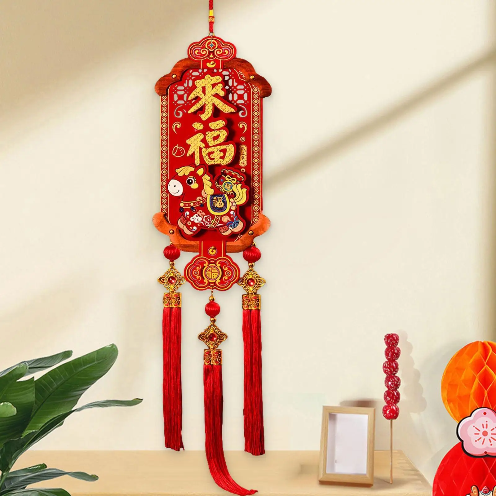 Red Felt Wooden Lunar New Year Decorations Chinese Pendant for Year of Horse Housewarming Wall Ceiling Art view 3