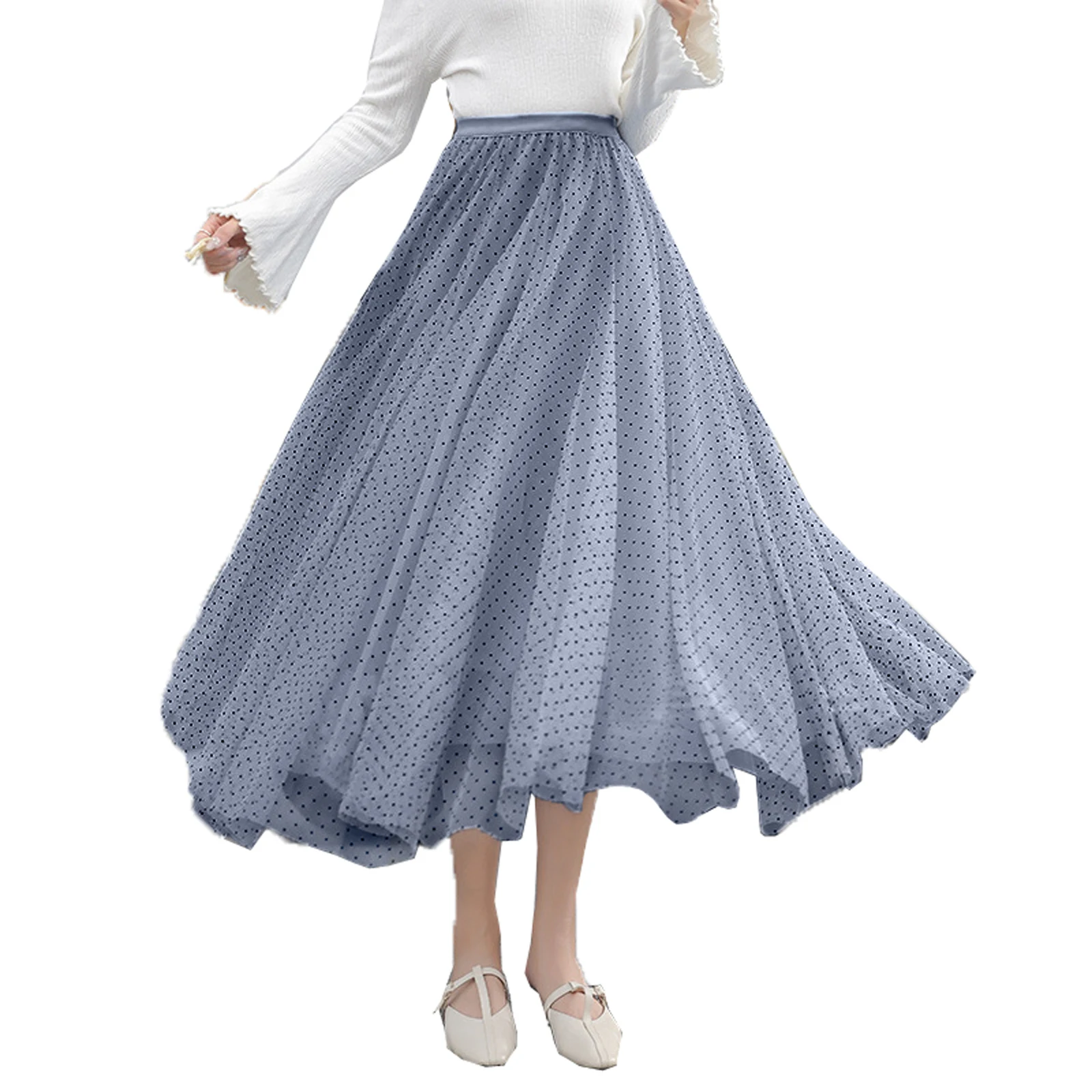 Women Tutu Tulle Skirt Elastic High Waist Women's Wave Point A-line Yarn Skirt High Waist Muti-layer Patchwork Tulle Dress