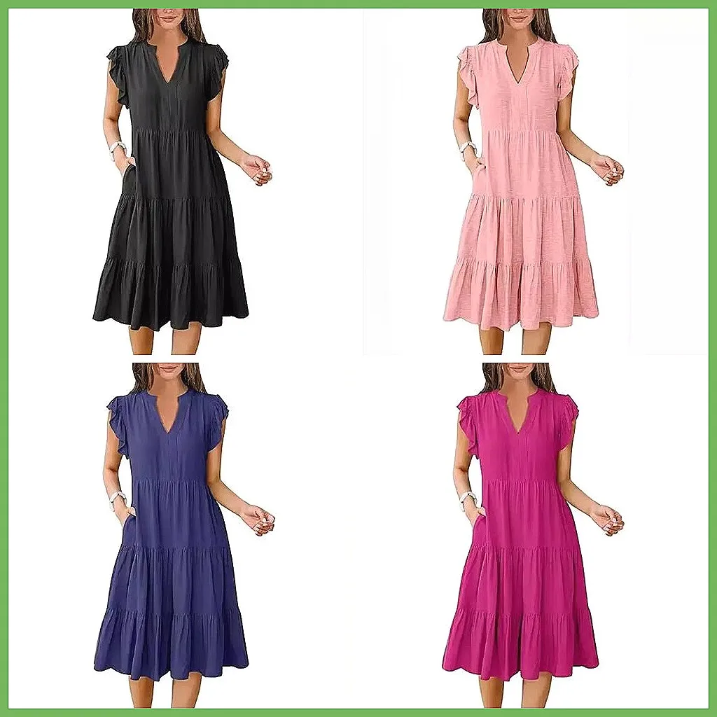 

Women's Summer Dress with V-Neck, Ruffles Sleeve, Large Pockets - Casual Swing Dress for Vacation