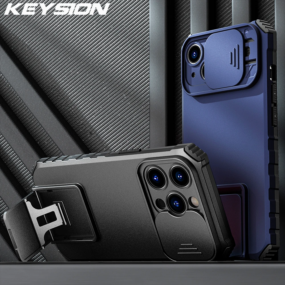 

KEYSION Shockproof Case for iPhone 15 Pro Ultra Push Pull Camera Protection Stand Phone Cover for iPhone 13 Max 12 11 XR 7 8Plus