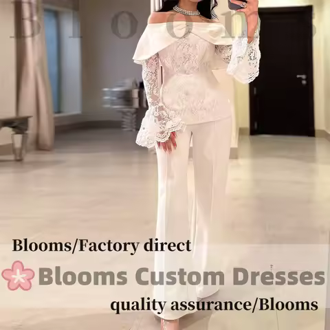 Blooms Customized Off White Pantsuit Evening Dress Lace Long Sleeves Ruched Buttons Formal Occasion Elegant Party Dress For Prom