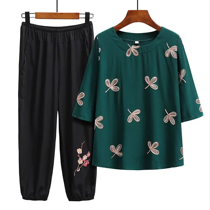 

Woman Elegant O-neck Blouse and Long Pants Outfits Female Casual Short Sleeve Print Suit Fashion Cotton Linen Two Piece Set G99